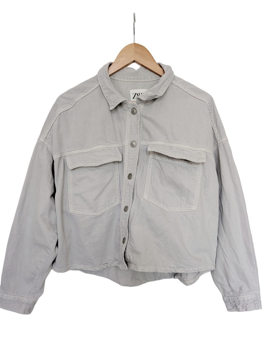 Zara Womens Light Wash Blue Gray Drop Shoulder Denim Snap Jacket Size Medium